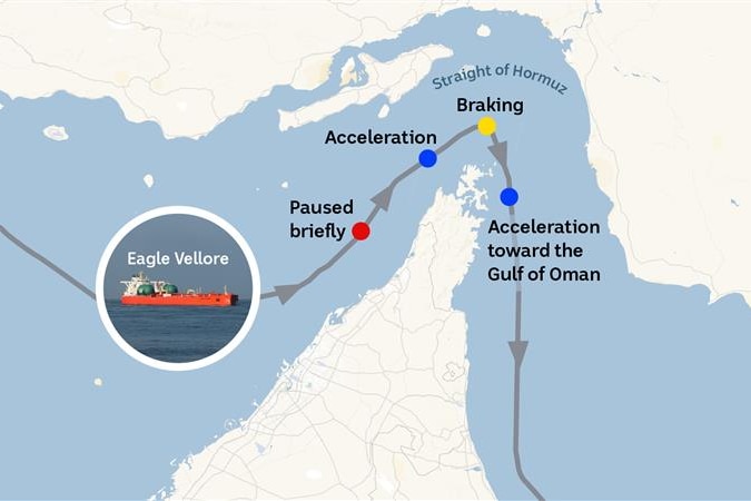 A map showing the tanker Eagle Vellore's passage through the Straight of Hormuz. 