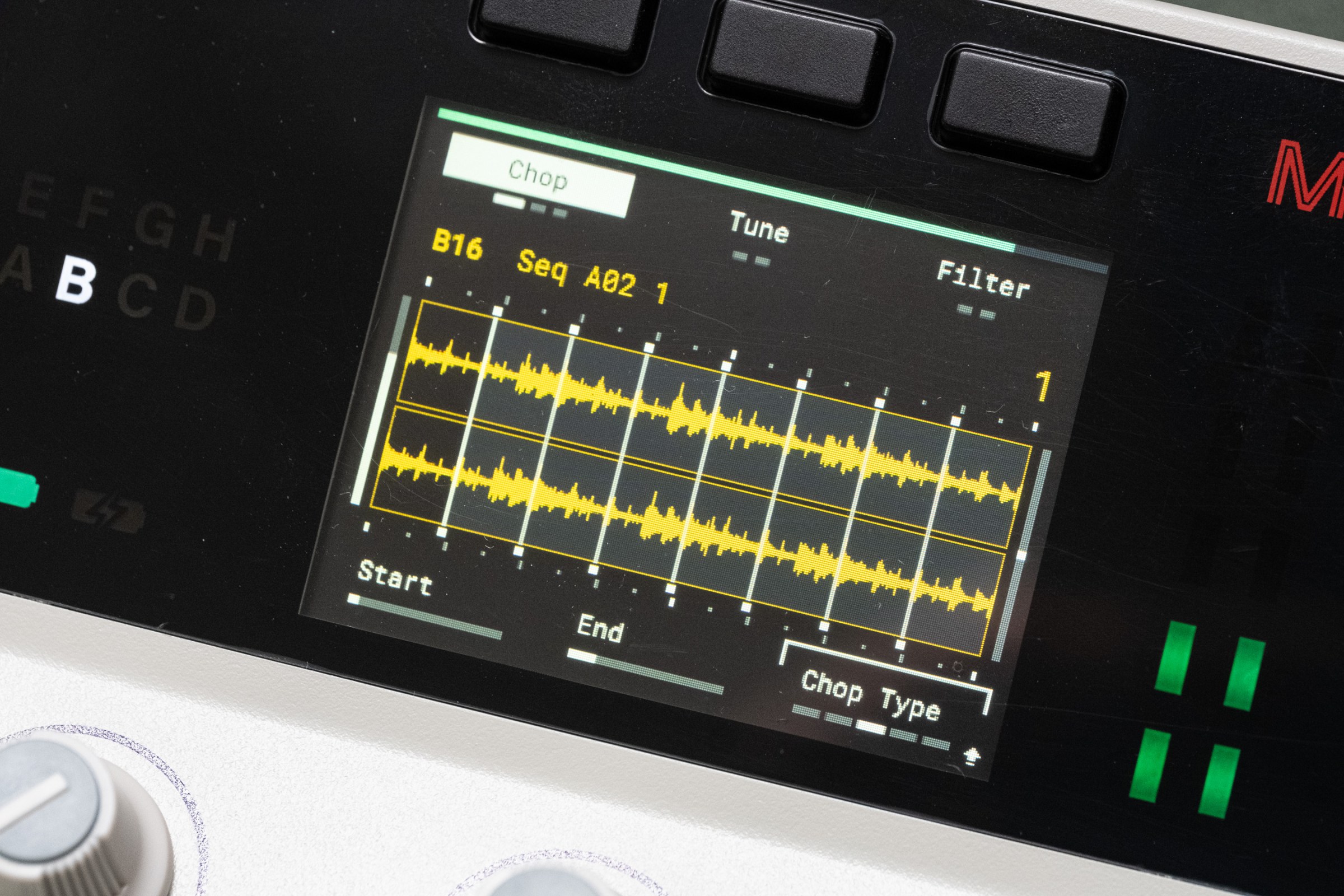 The MPC Sample’s chopping interface, showing a waveform with chops labeled on the screen.