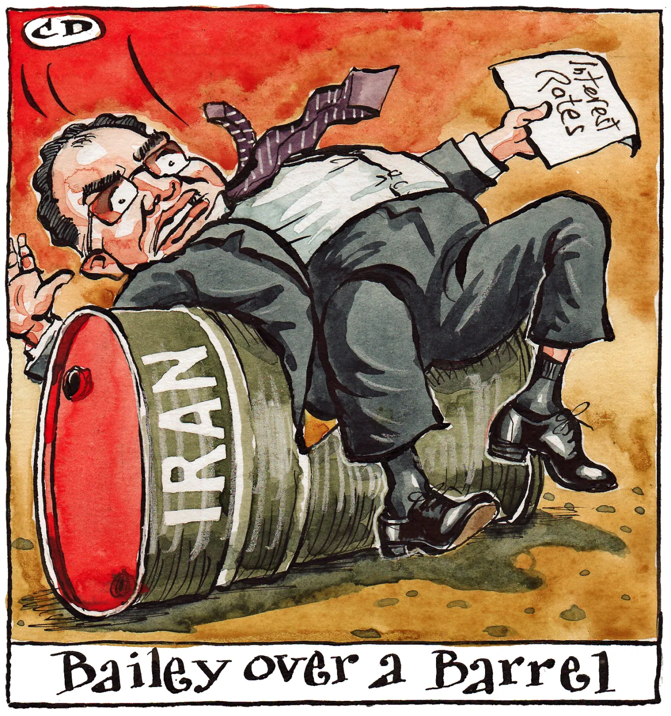 Illustration of Andrew Bailey lying across an oil barrel labeled "IRAN", holding a paper that says "Interest Rates".