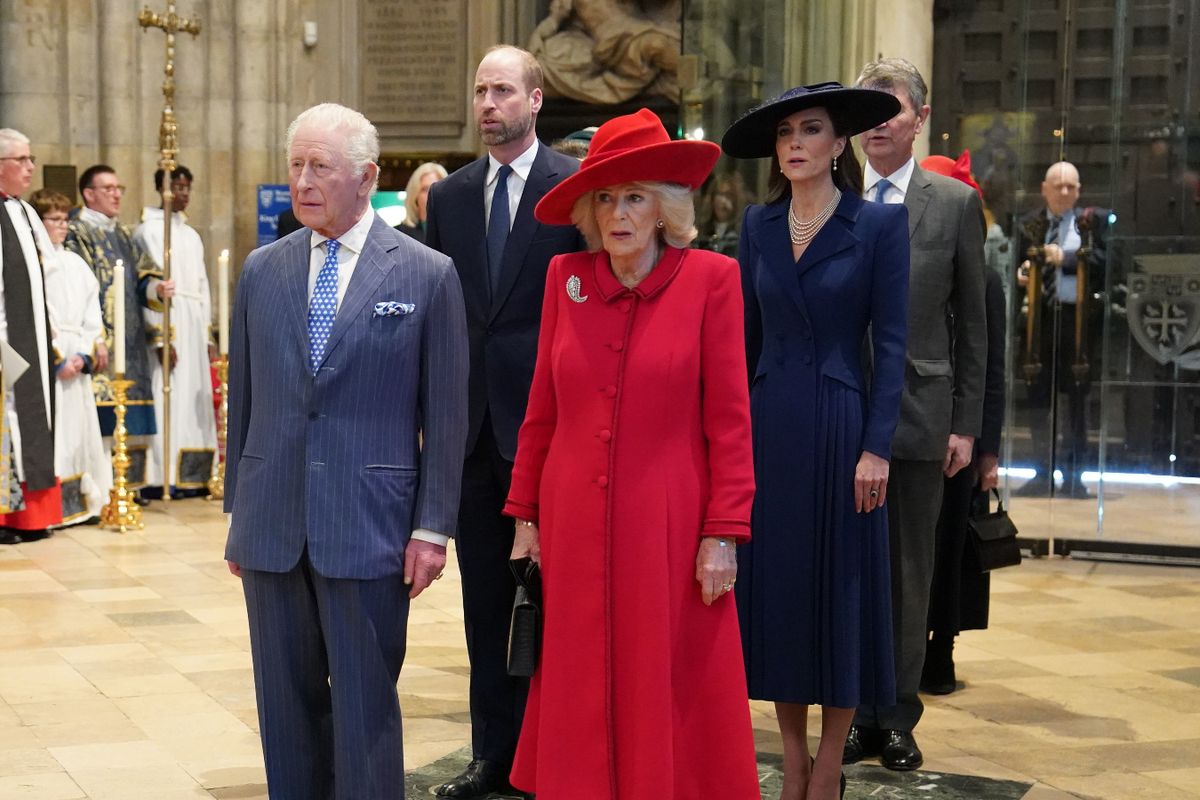 The royals line up to sing the National Anthem at the start of the Commonwealth Day service 