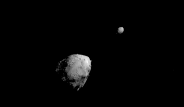This image of asteroids Didymos, left, and Dimorphos was captured by NASA’s DART mission a few seconds before the spacecraft smashed into Dimorphos on Sept. 26th, 2022. Credit: NASA/Johns Hopkins APL