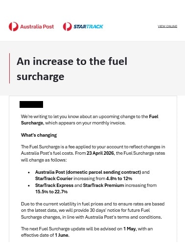 A notice about a fuel surcharge.