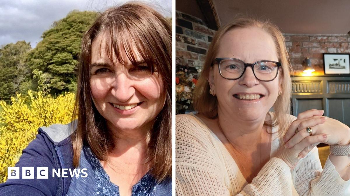 Two photos of two women side by side. The woman on the left has dark hair and is smiling in front of a yellow plant with trees in the background, she has a blue top on. The woman on the right is sat inside smiling at the camera in a white jumper, she has blond hair and glasses.