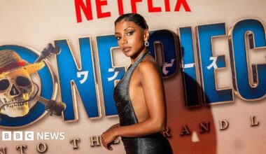 Charithra Chandran wears a metallic strapless dress and has black hair tied up in a bun, with a silver earring. She stands in front of a sign on the red carpet for the One Piece premiere