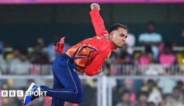 Rahul Chahar delivers a ball during the Indian Premier League (IPL) T20 cricket match between Rajasthan Royals and Punjab Kings