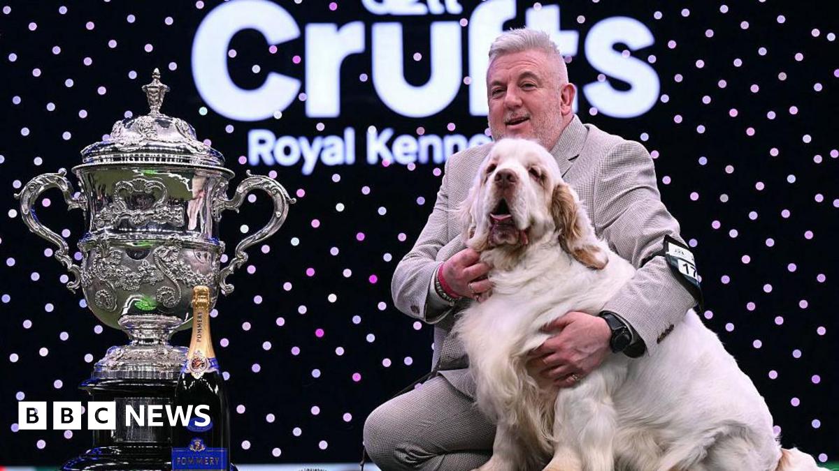 Owner Lee Cox and his clumber spaniel next to the Crufts trophy