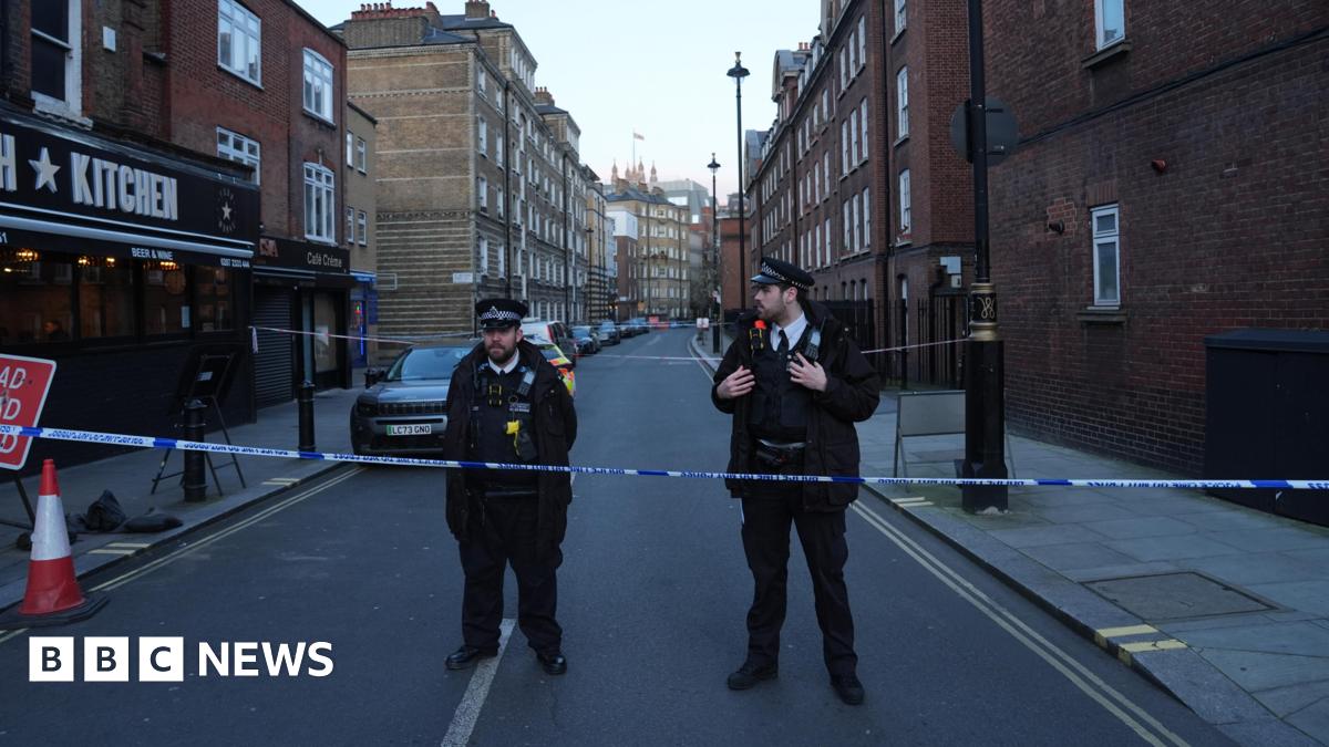 Two police officers stand behind a police cordon on a street in London