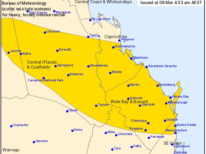 A Bureau of Meteorology map showing a severe weather warning zone.