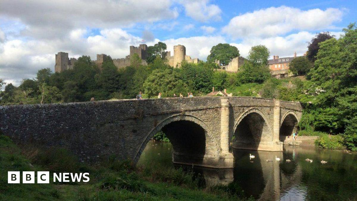 Ludlow Castle and Dinham bridge pictured on a sunny day. Swans can be seen in the river and people crossing the bridge