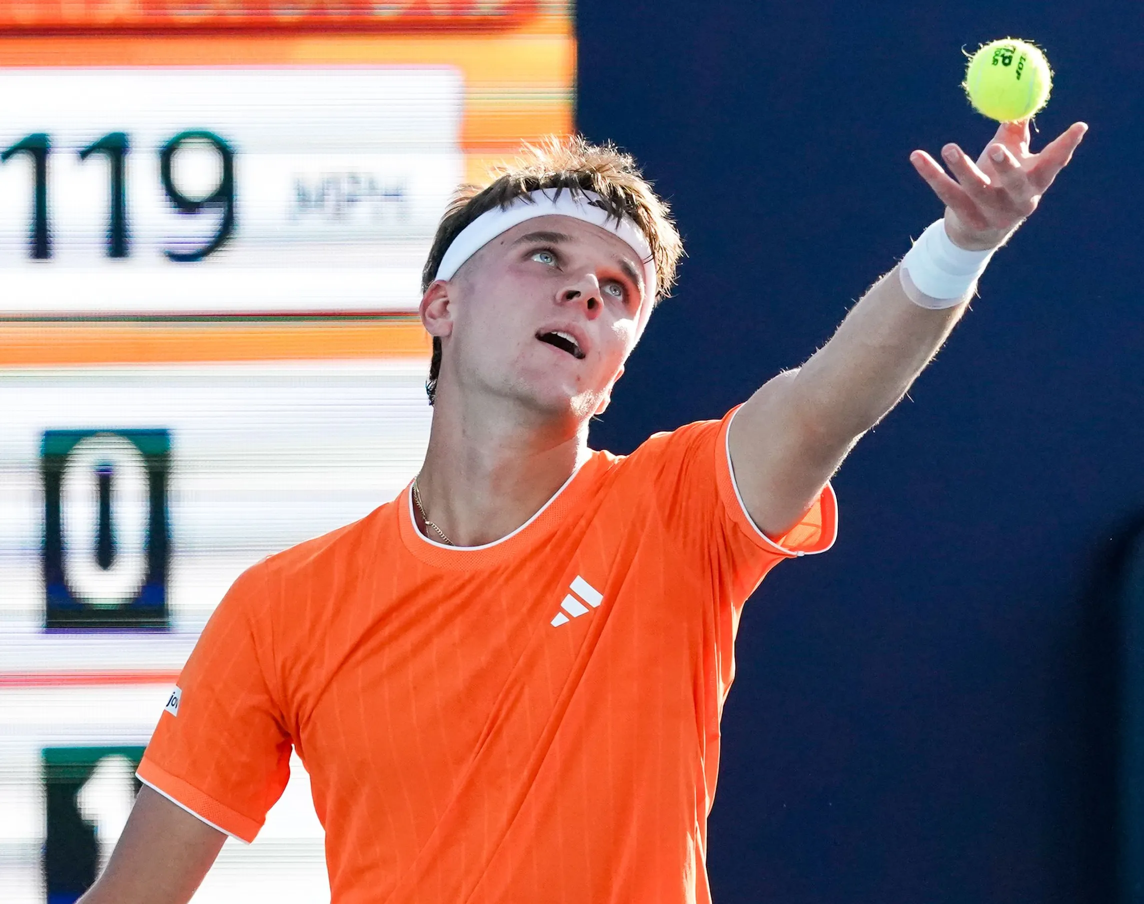 Jakub Mensik serving during a men's singles tennis match at the 2026 Miami Open.