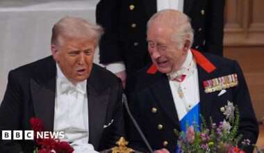 US President Donald Trump and King Charles III at the state banquet for the US President and First Lady Melania Trump at Windsor Castle, Berkshire, on day one of their second state visit to the UK in September 2025