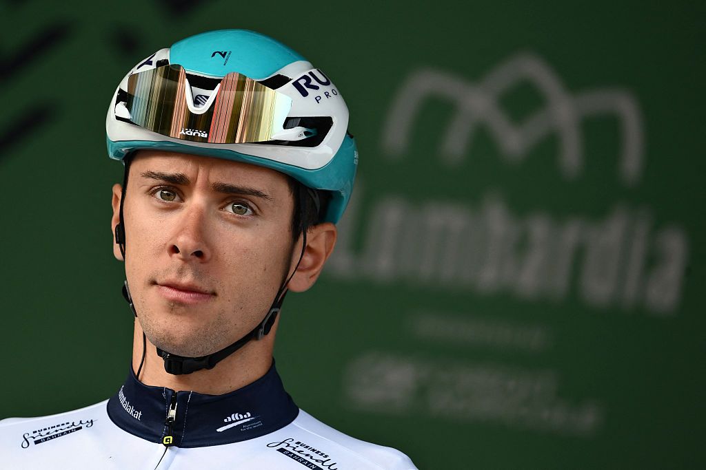 Bahrain Victorious&rsquo;s Italian rider Antonio Tiberi looks on from the sign-in podium ahead of the 119th edition of the Giro di Lombardia (Tour of Lombardy), a 238km cycling race from Como to Bergamo on October 11, 2025. (Photo by Marco BERTORELLO / AFP)