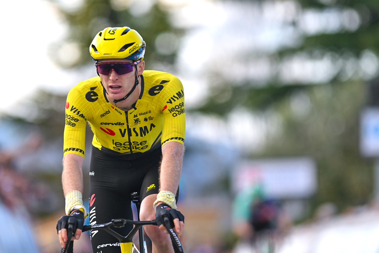 ETOILE-SUR-RHONE, FRANCE - MARCH 01: Matteo Jorgenson of United States and Team Visma | Lease a Bike crosses the finish line as second place winner during the 14th Faun Drome Classic 2026 a 189km one day race from Etoile-sur-Rhone to Etoile-sur-Rhone on March 01, 2026 in Etoile-sur-Rhone, France. (Photo by Billy Ceusters/Getty Images)