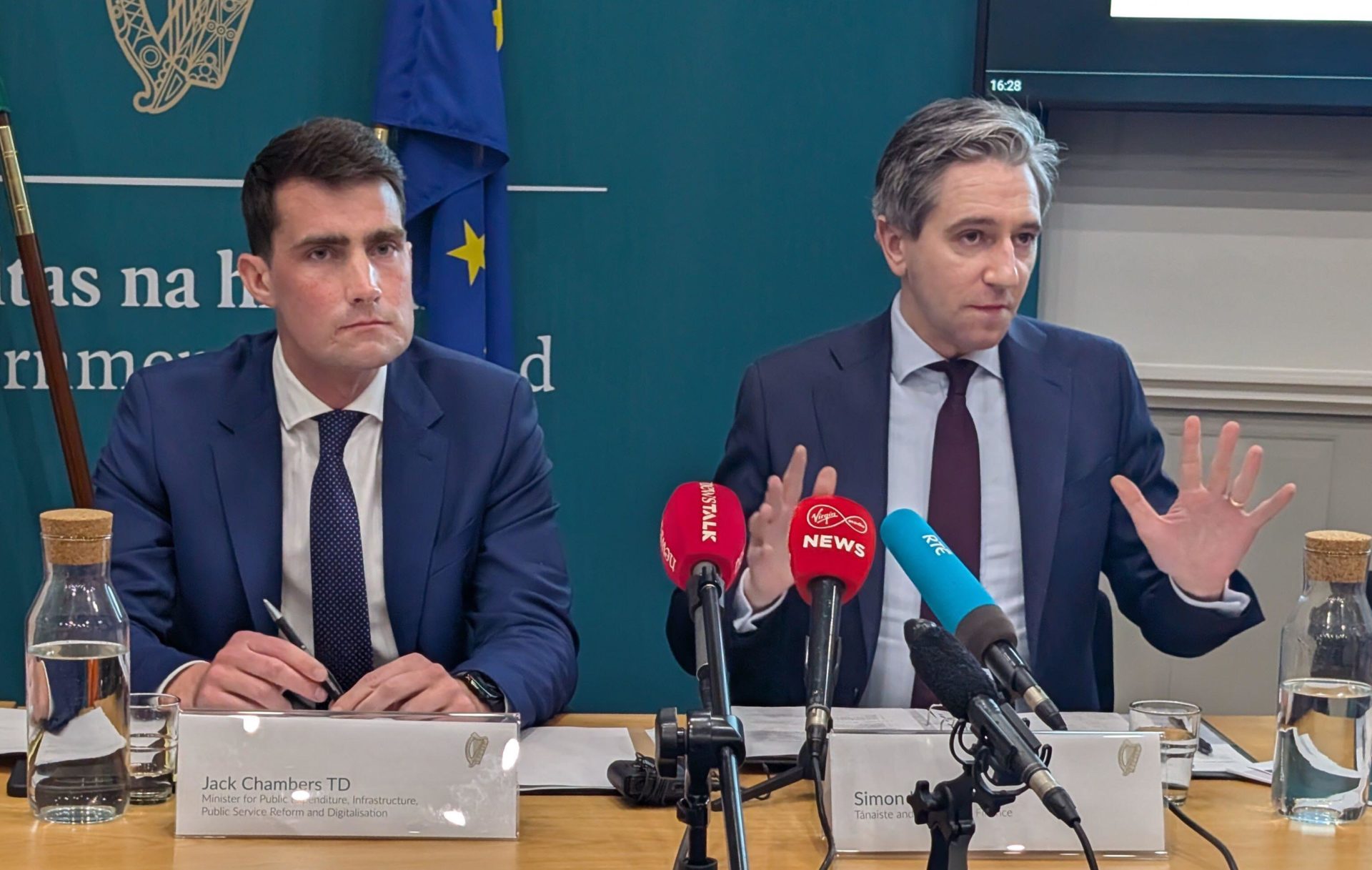 3DEAT7X Public Expenditure Minister Jack Chambers (left) and Finance Minister Simon Harris speaking during a press conference at the Department of Finance, Dublin, for the end-of-year Exchequer returns. Picture date: Tuesday January 6, 2026.