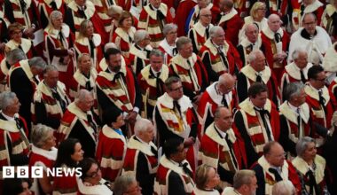 Members of the House of Lords listen to the King's Speech during the State Opening of Parliament in chamber of the House of Lords at the Palace of Westminster, London in 2024.
