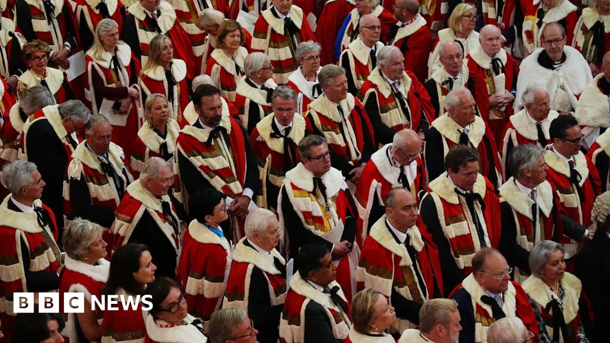 Members of the House of Lords listen to the King's Speech during the State Opening of Parliament in chamber of the House of Lords at the Palace of Westminster, London in 2024.