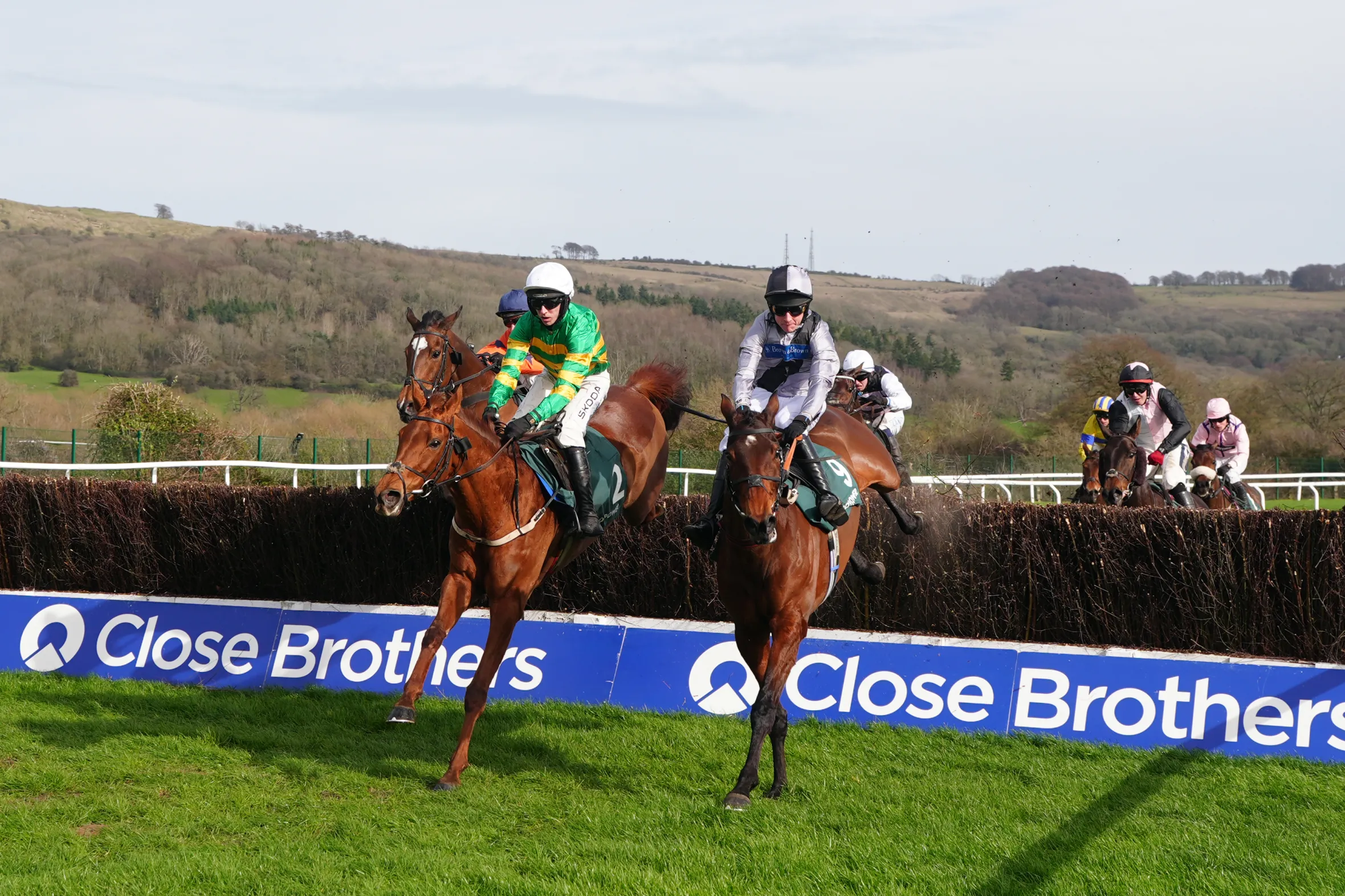 Jockey Mark Walsh riding Dinoblue over a hurdle at Cheltenham Racecourse.