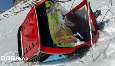 A photo showing the crashed ski gondola on a snowy mountain in Engelberg, central Switzerland. Photo: 18 March 2026