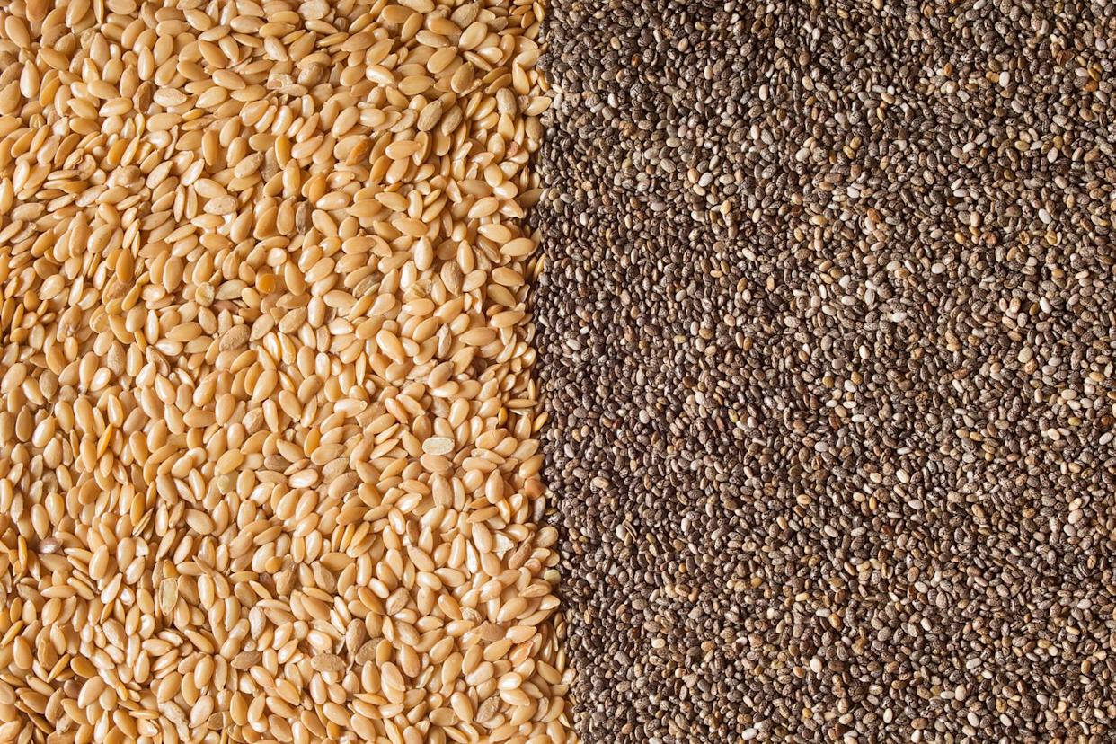 close up of chia and flax seeds on a split screen.
