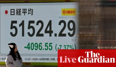 Stock markets plunge after oil surges over $100 a barrel, wiping out hopes of UK interest rate cut – business live | Business