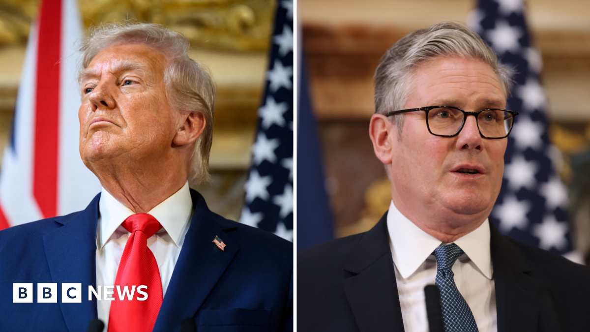 Trump is seen on the left, wearing a red tie and his usual pin featuring the American flag. Starmer is on the right, wearing his customary black-rimmed glasses.