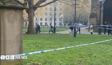 Blue police tape in place in Cathedral Square in Birmingham