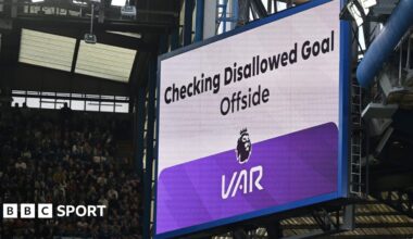 Scoreboard showing a VAR check for offside
