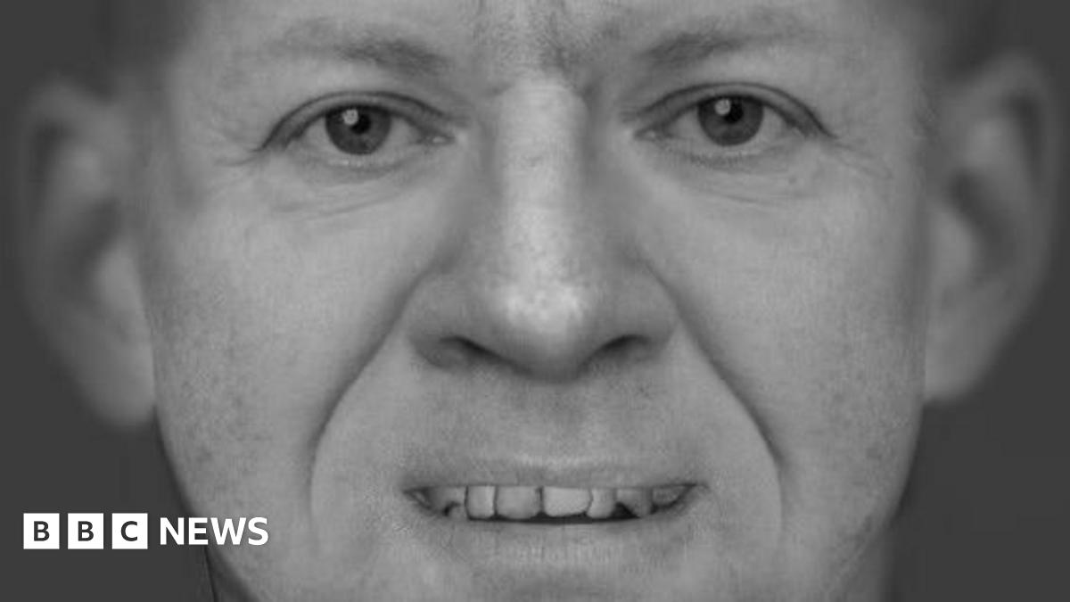 A black and white digital facial reconstruction of the unidentified man. He appears to be aged between 40 and 60, with a round face, prominent ears and slightly misshapen teeth.