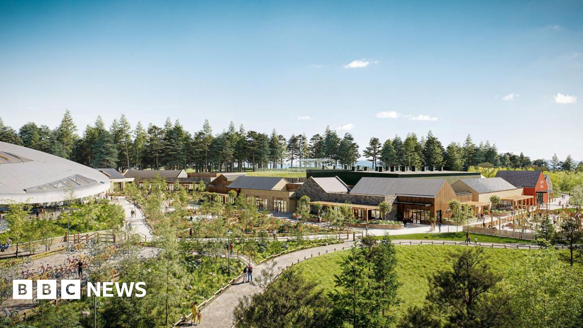 A computer generated image of how a Center Parcs near Hawick might look with wooden buildings and trees and people wandering along pathways