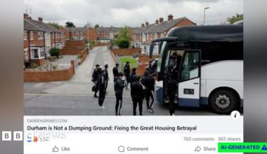 A screenshot of an AI-generated image showing a group of South Asian men in black tracksuits next to a white coach in a suburban housing estate as part of a posted Facebook link. Underneath there is a headline from Darren Grimes's blog saying, Durham is Not a Dumping Ground: Fix the Great Housing Betrayal. 5,500 people have reacted to it and there are 760 comments and 665 shares.
