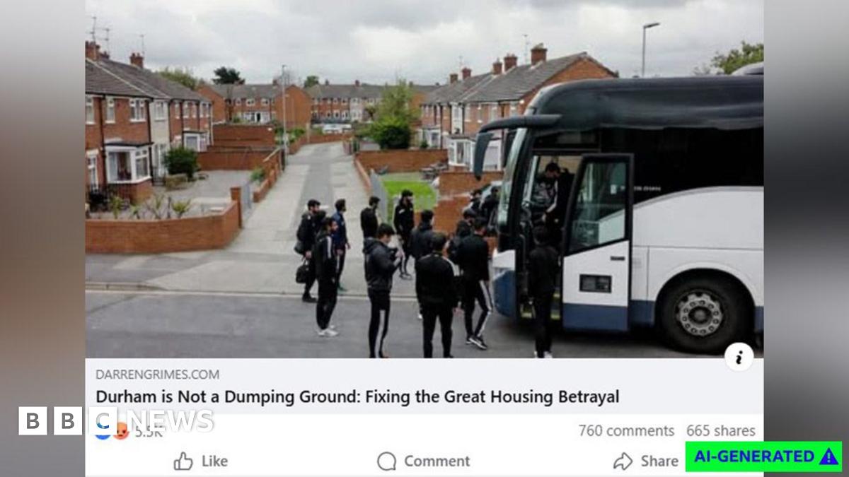 A screenshot of an AI-generated image showing a group of South Asian men in black tracksuits next to a white coach in a suburban housing estate as part of a posted Facebook link. Underneath there is a headline from Darren Grimes's blog saying, Durham is Not a Dumping Ground: Fix the Great Housing Betrayal. 5,500 people have reacted to it and there are 760 comments and 665 shares.