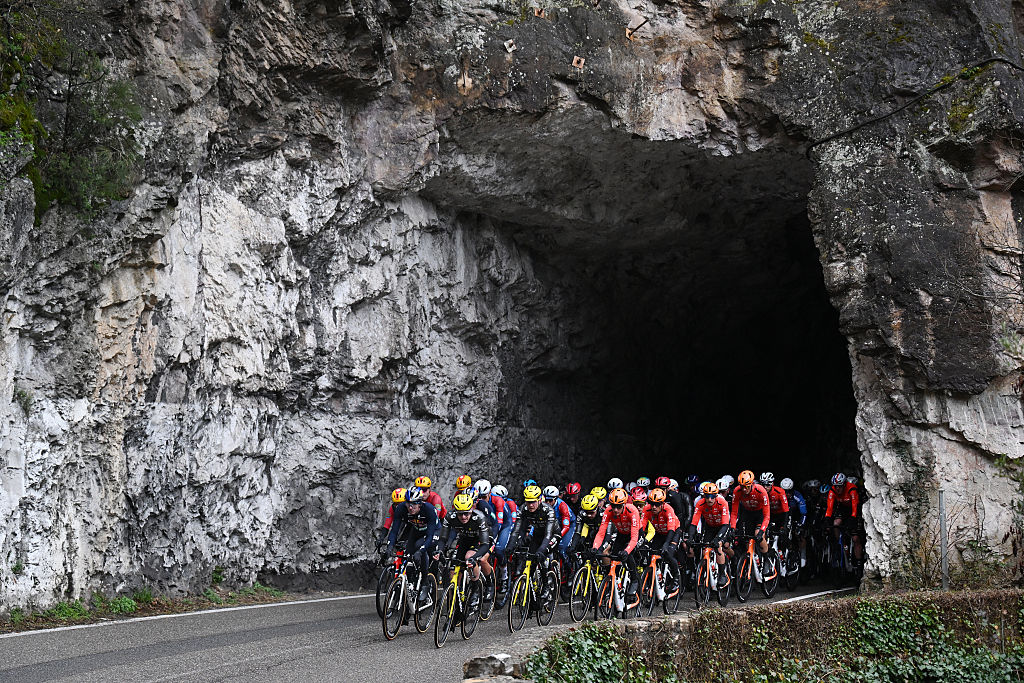 ISOLA, FRANCE - MARCH 14: A general view of the peloton prior to the 84th Paris-Nice 2026, Stage 7 a 47km stage from Pont Louis Nucera to Isola 855m / Stage shortened due to adverse weather conditions / #UCIWT / on March 14, 2026 in Pont Louis Nucera, France. (Photo by Szymon Gruchalski/Getty Images)