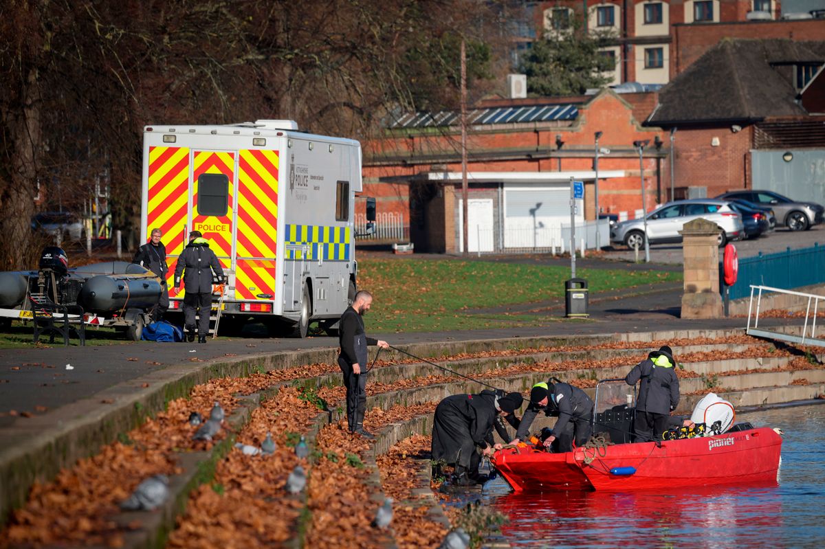 Two boats of officers pictured searching the River Trent at Victoria Embankment