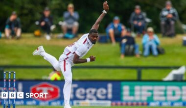 Jayden Seales in action for West Indies