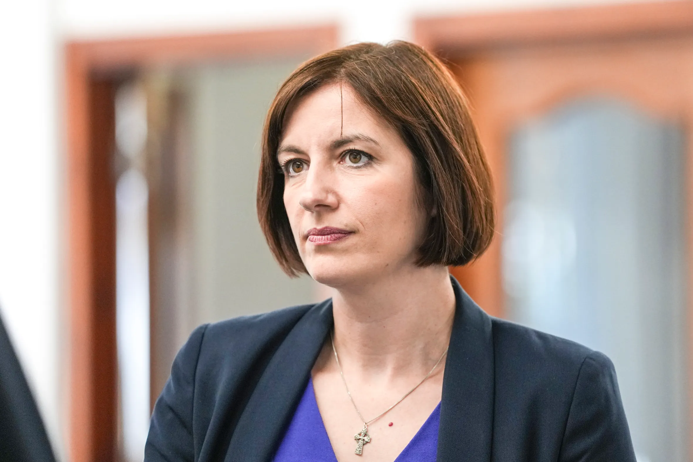 Bridget Phillipson, Deputy Prime Minister candidate, wearing a navy blazer and purple top.