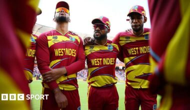 West Indies captain Shai Hope and his team-mates in a huddle before a T20 World Cup match