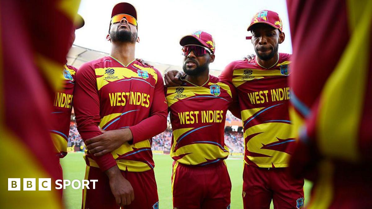 West Indies captain Shai Hope and his team-mates in a huddle before a T20 World Cup match