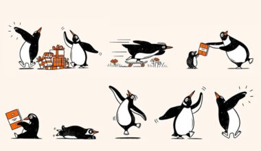 Penguin Random House illustrations of a penguin doing different tasks like skateboarding and jumping or reading a book