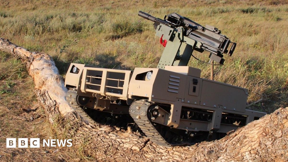A Ukrainian strike UGV firing at a Russian armoured personnel carrier