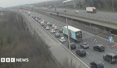 Traffic seen queuing on the M6 northbound on a motorway traffic camera.