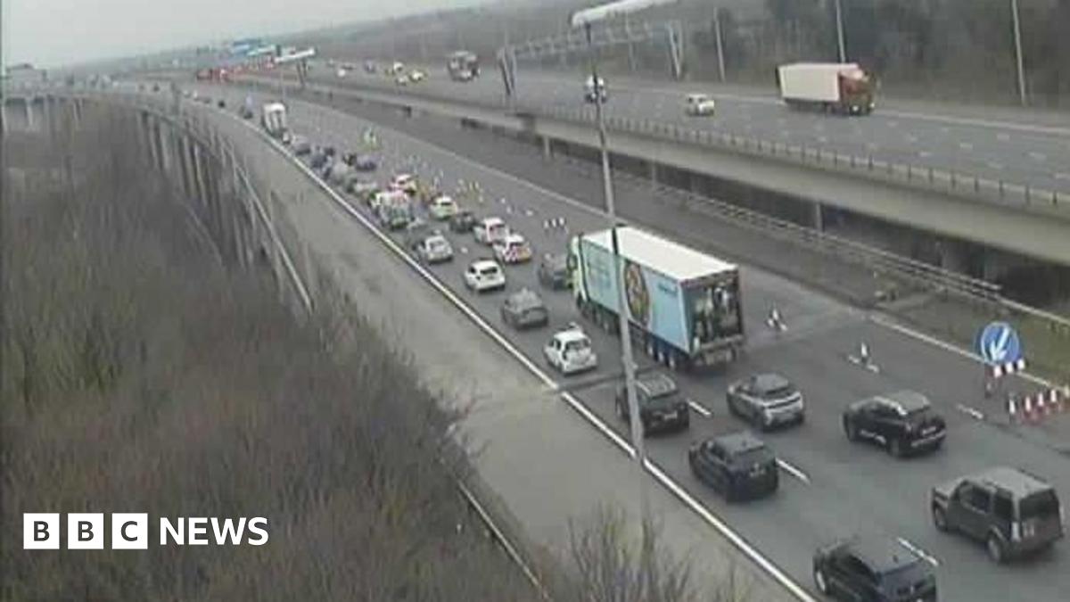 Traffic seen queuing on the M6 northbound on a motorway traffic camera.