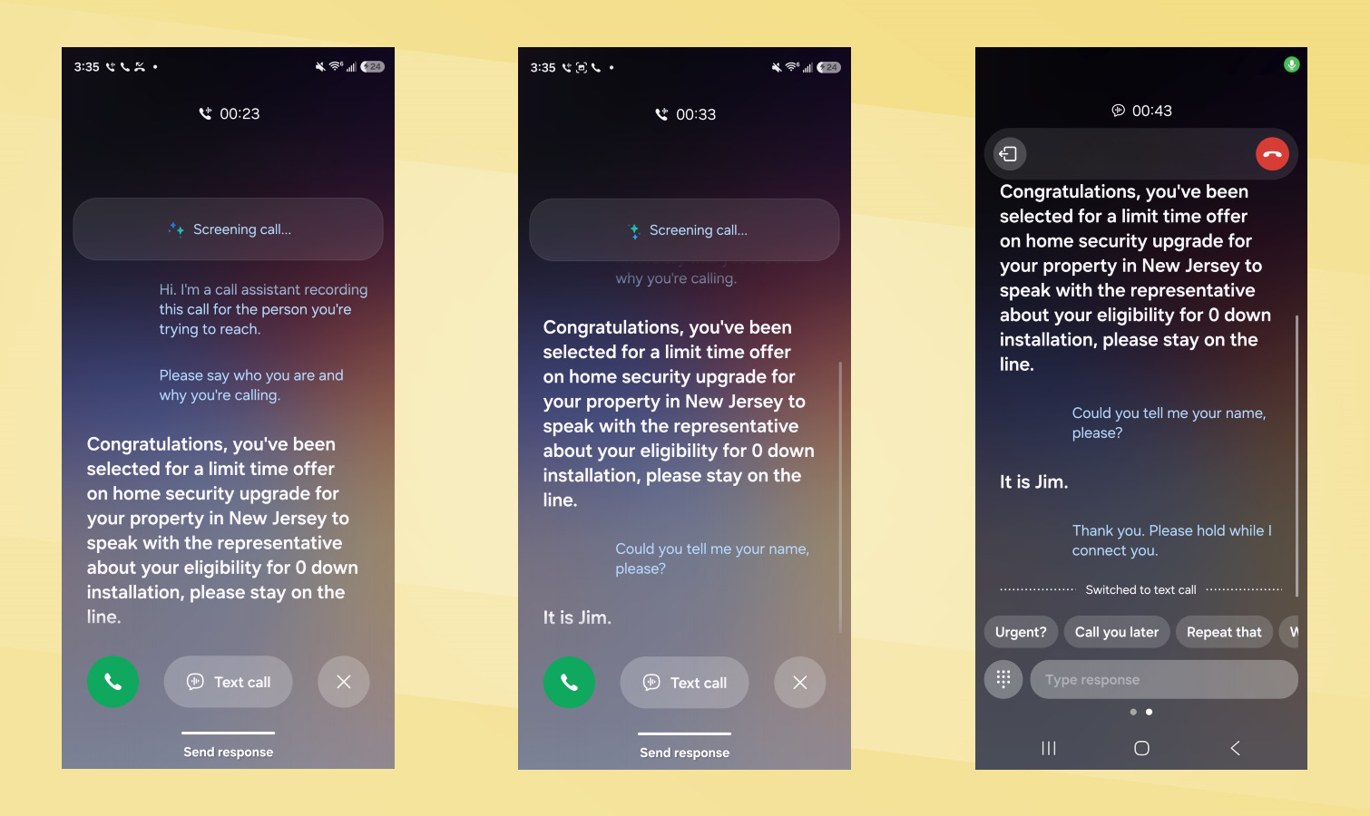 Galaxy S26 vs iPhone 17 Call Screen screenshots.