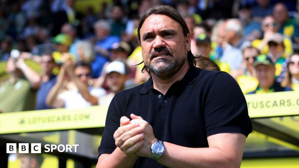 Daniel Farke, with raised right arm, on the touchline during a play-off game between Norwich and Leeds at Carrow Road in 2024