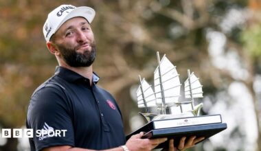Spanish player Jon Rahm celebrates winning the LIV Golf event in Hong Kong
