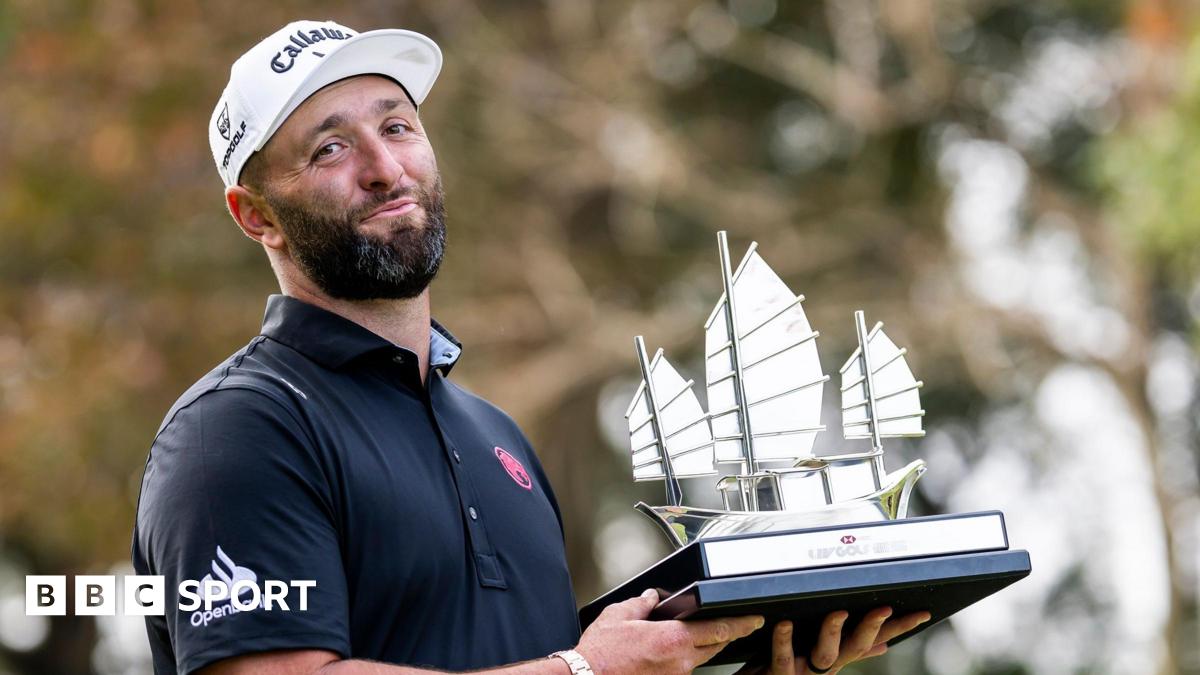 Spanish player Jon Rahm celebrates winning the LIV Golf event in Hong Kong