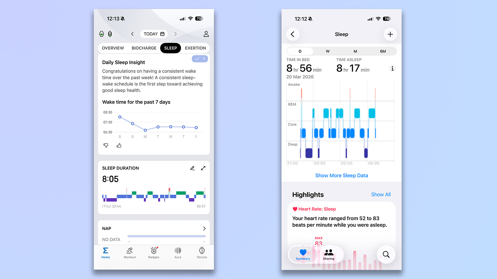 two screenshots, one from zepp app used with amazfit active 3 premium, one from apple health with apple watch se 3, showing sleep tracking