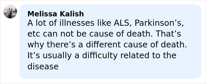 Comment by Melissa Kalish explaining that illnesses like ALS and Parkinson’s are not direct causes of death, highlighting different causes.