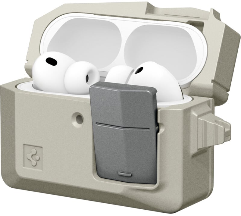 A pair of white wireless earbuds in an open, rugged, beige protective case with a gray latch and angular design.