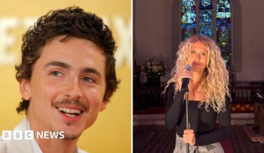 A side-by-side picture of Timothee Chalamet and a woman dressed in a black top with a microphone in a church
