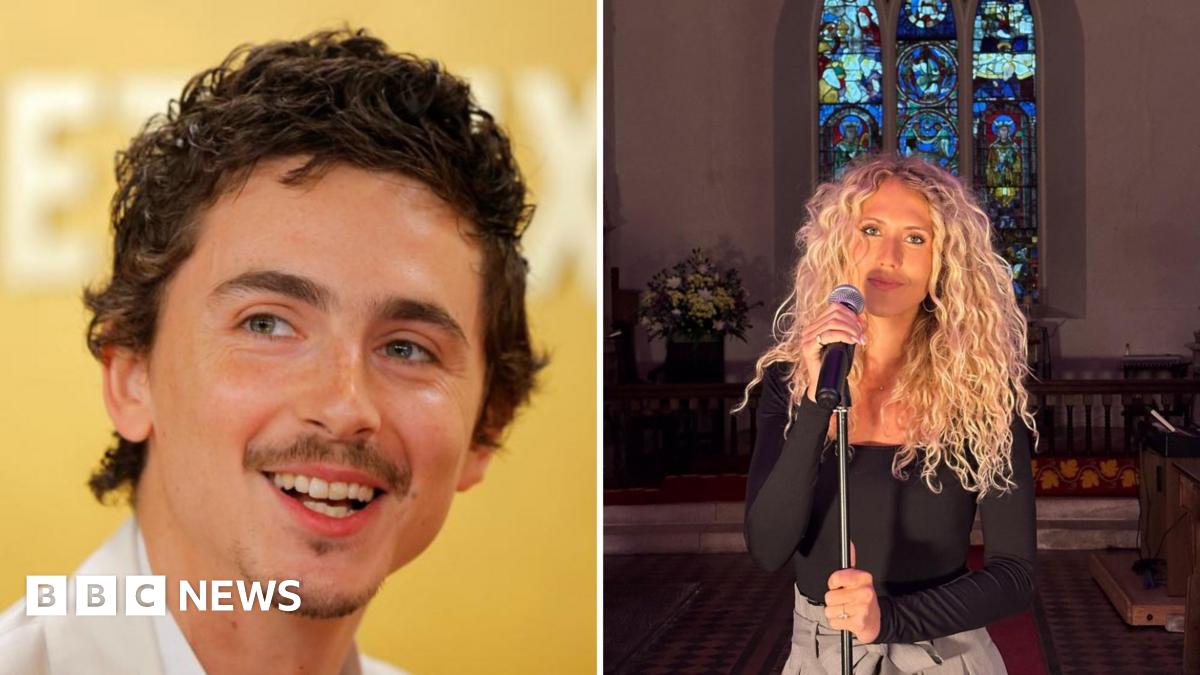 A side-by-side picture of Timothee Chalamet and a woman dressed in a black top with a microphone in a church